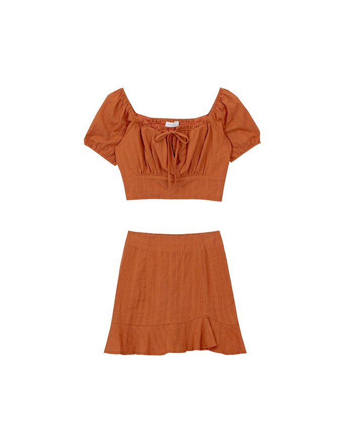 Textured Puff Sleeve Crop Top And Asymmetrical Ruffle Mini Skirt Set Wear (2-Way Wearable Design)