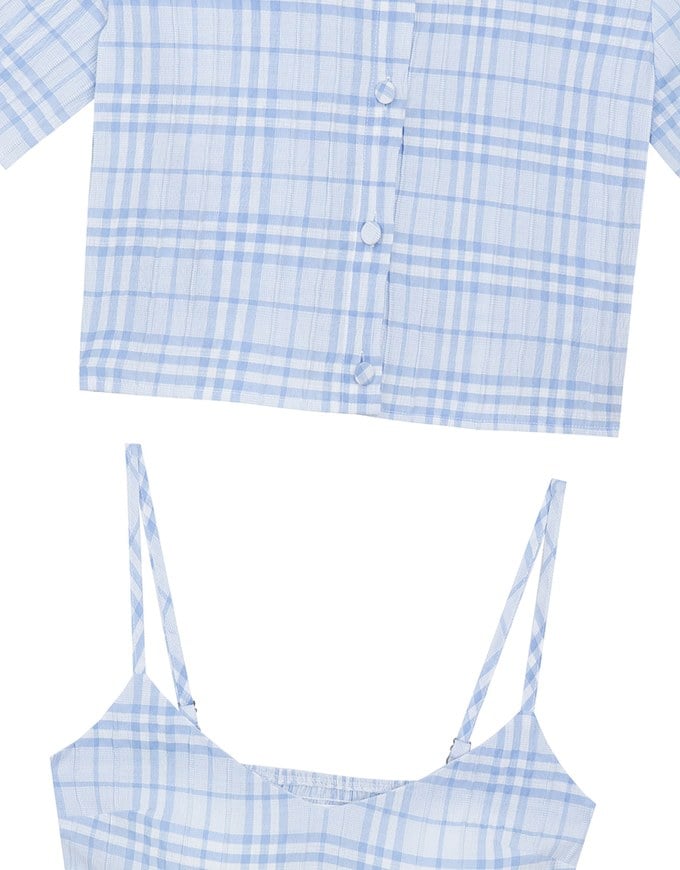 Checkered Button Up Cropped Shirt and Checkered Cami Padded Top Set Wear