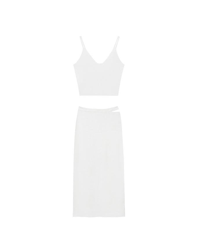 Double Shoulder Strap Ribbed Cami Top and Side Waist Cutout Knit Maxi Skirt Set Wear