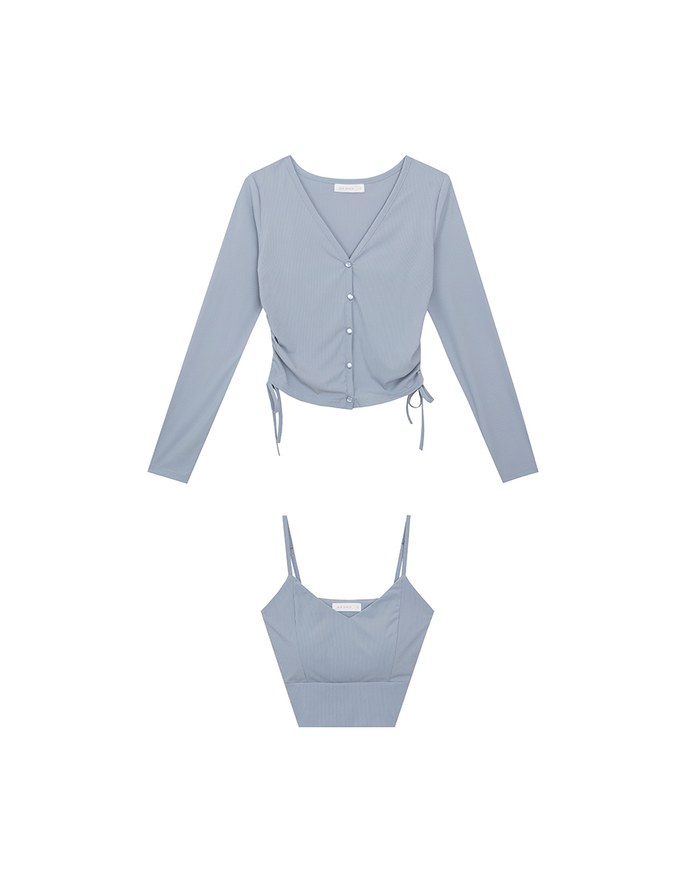 Cooling Fabric Side Ruched Button Cardigan and Adjustable Padded Bra Top Set Wear