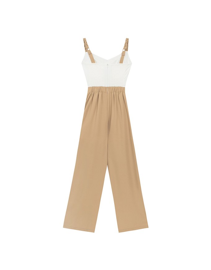 Contrast Spaghetti Strap Waist Cut Out Wide Leg Padded Jumpsuit