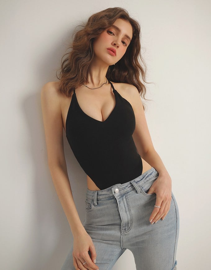 Sexy V Neck Ribbed Halter Padded Bodysuit