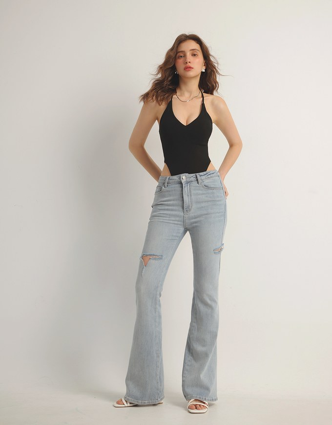 Sexy V Neck Ribbed Halter Padded Bodysuit