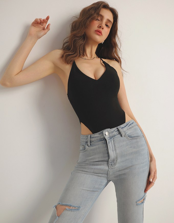 Sexy V Neck Ribbed Halter Padded Bodysuit