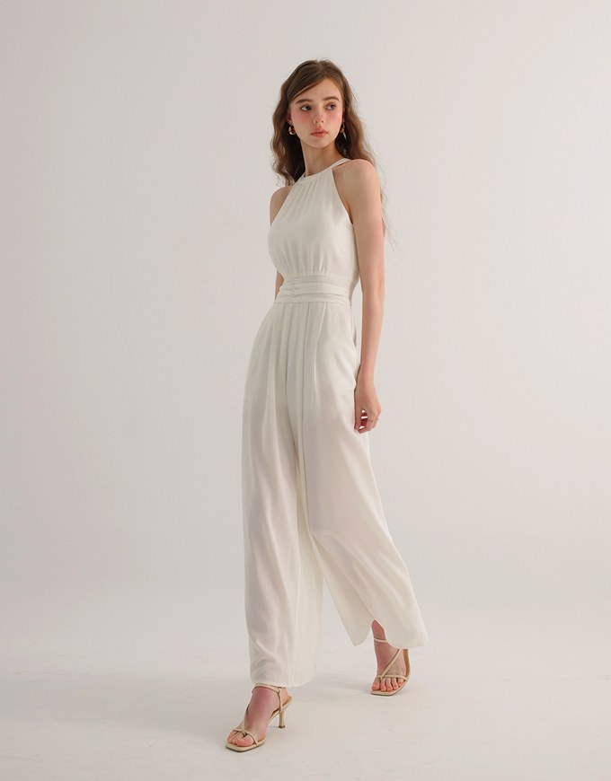 Ruched Halter Neck Wide Leg Padded Jumpsuit with Waistband Detail