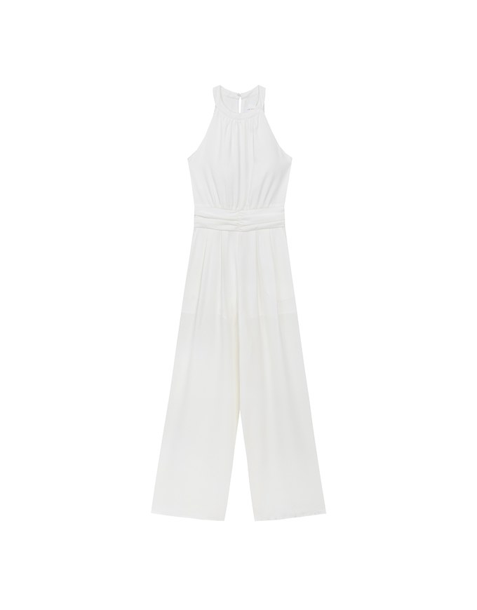 Ruched Halter Neck Wide Leg Padded Jumpsuit with Waistband Detail