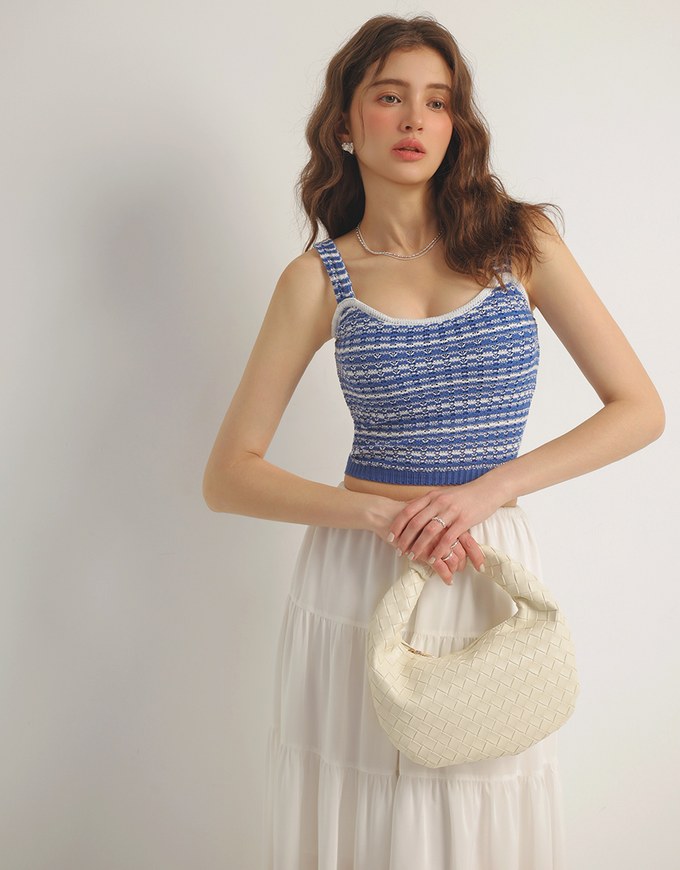 Retro Striped Knit Padded Tank Top with Contrast Trim