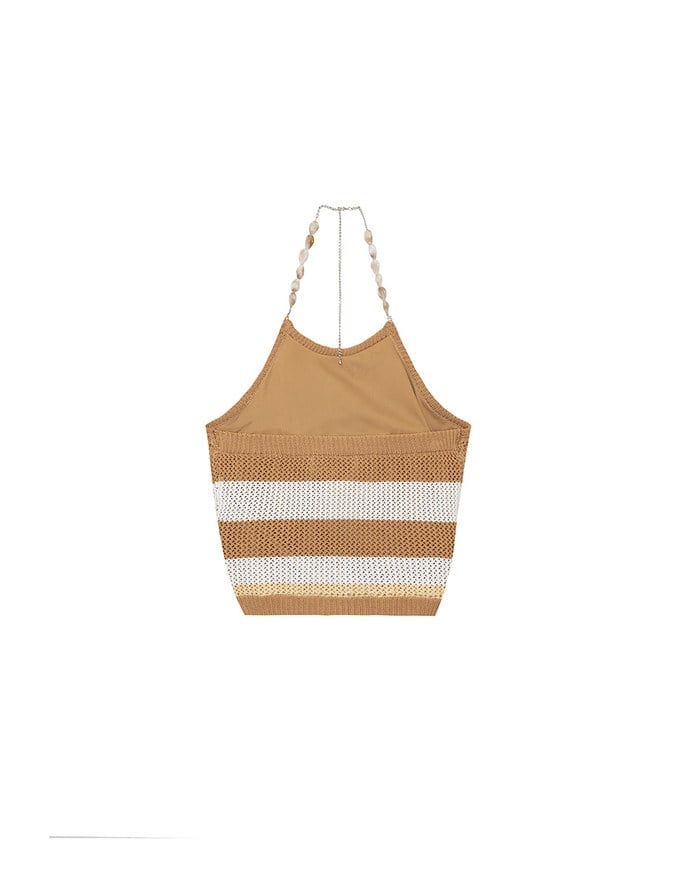 Multicolor Striped Halter Style Beaded Strap Knit Padded Cami Top