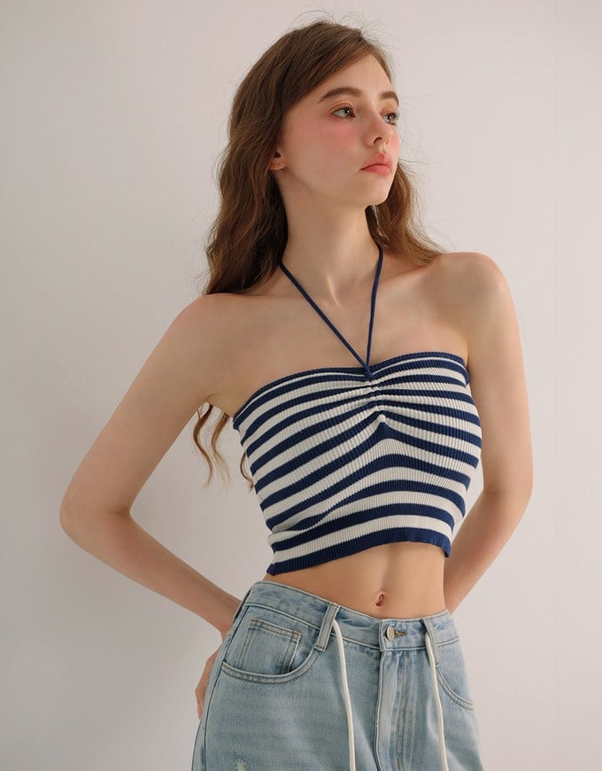 Striped Halter Neck Cropped Knit Top with Floral Bead Accent