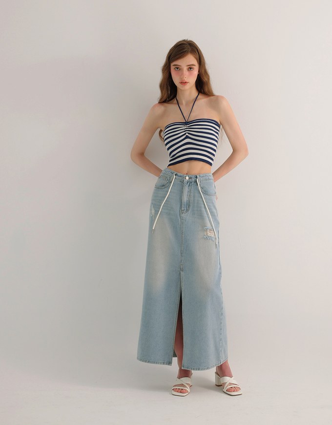 Striped Halter Neck Cropped Knit Top with Floral Bead Accent
