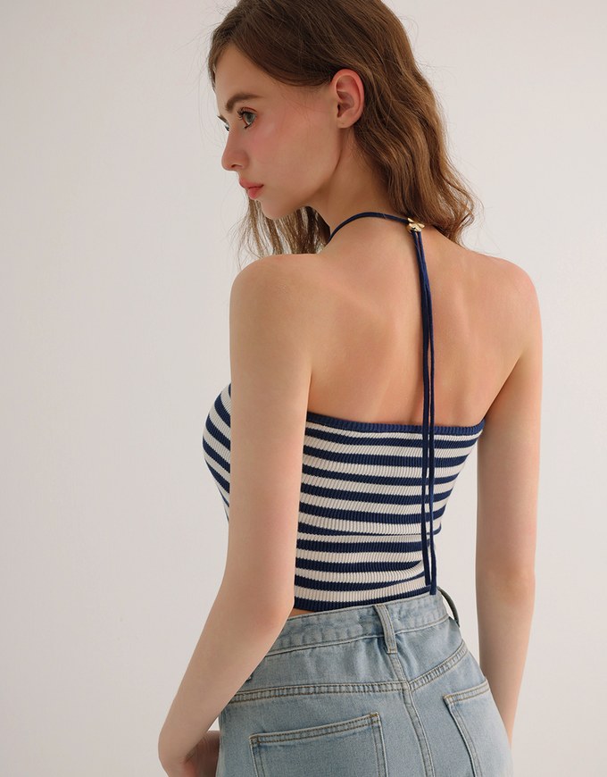 Striped Halter Neck Cropped Knit Top with Floral Bead Accent