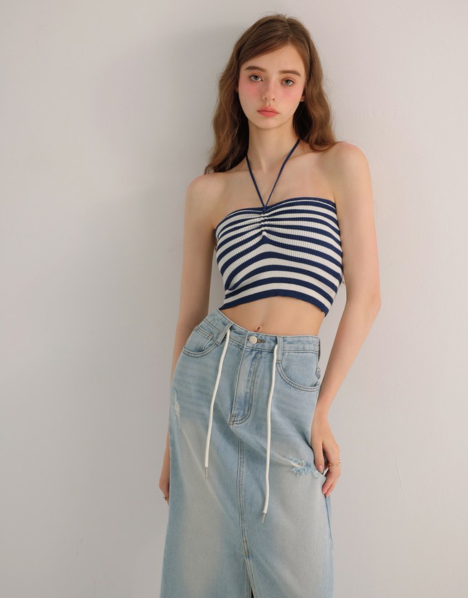 Striped Halter Neck Cropped Knit Top with Floral Bead Accent
