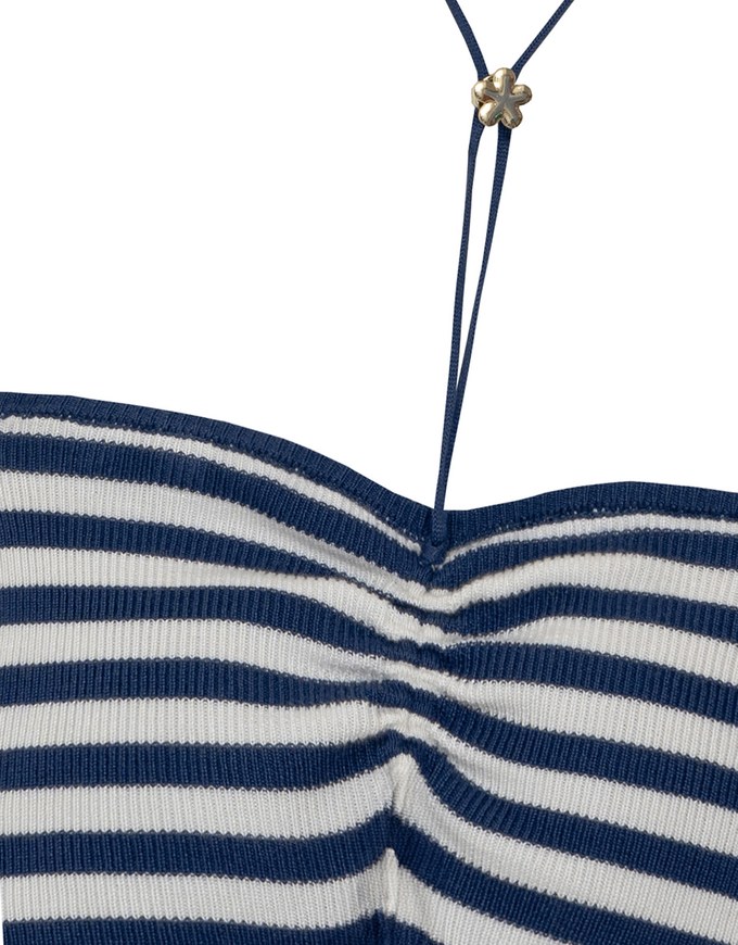 Striped Halter Neck Cropped Knit Top with Floral Bead Accent