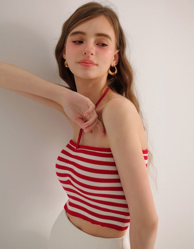 Striped Halter Neck Cropped Knit Top with Floral Bead Accent
