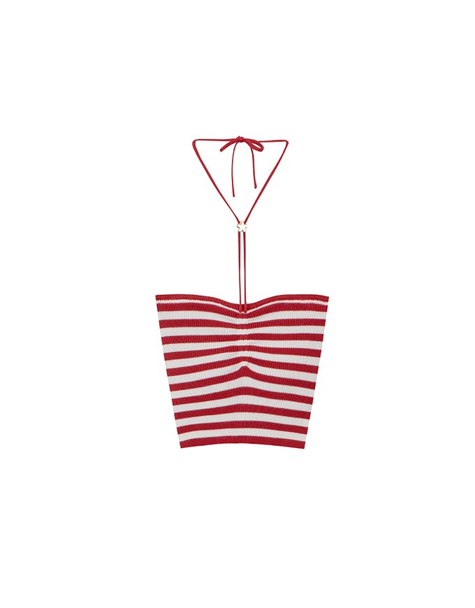 Striped Halter Neck Cropped Knit Top with Floral Bead Accent
