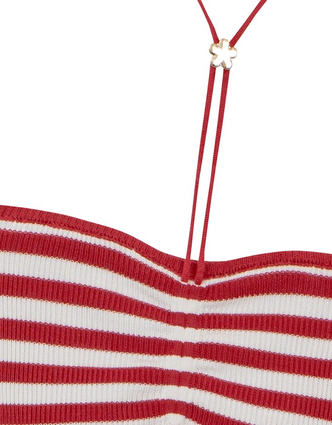 Striped Halter Neck Cropped Knit Top with Floral Bead Accent