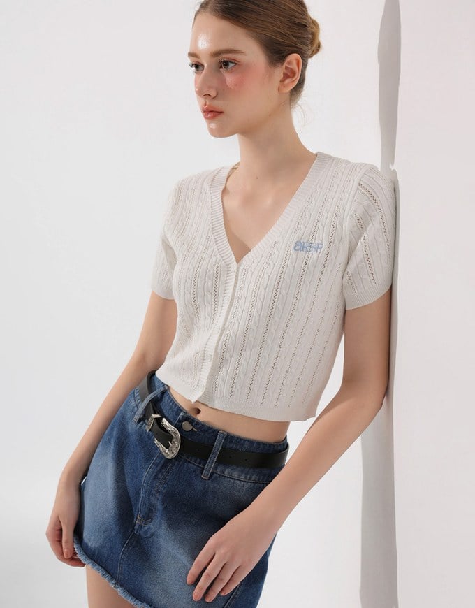 Cable Knit Cropped Cardigan Top with AIR SPACE Logo Embroidered