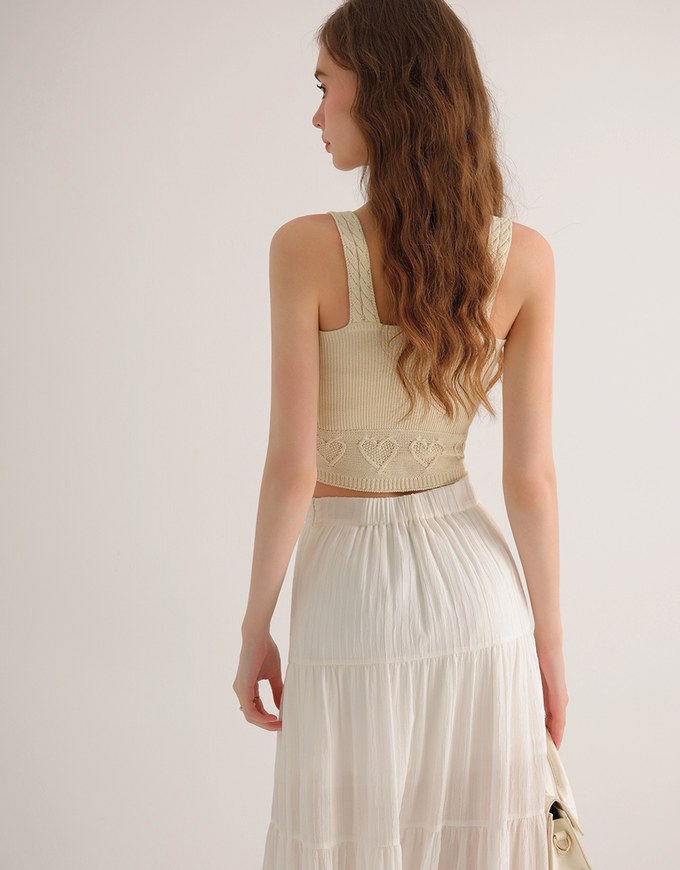 Twist Front Knit Crop Tank Top with Heart Pattern Hem Detail