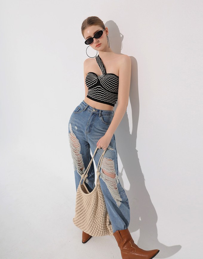 One Shoulder Asymmetrical Wavy Knit Padded Crop Top with Twist Front Detail