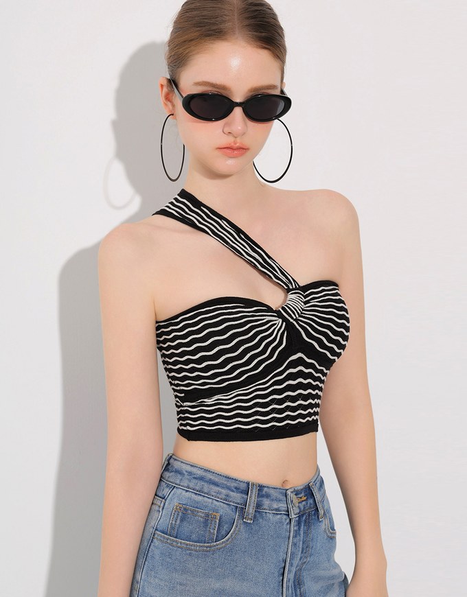 One Shoulder Asymmetrical Wavy Knit Padded Crop Top with Twist Front Detail