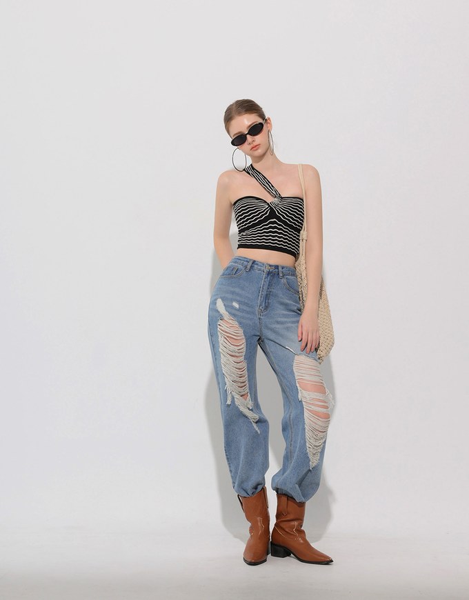 One Shoulder Asymmetrical Wavy Knit Padded Crop Top with Twist Front Detail
