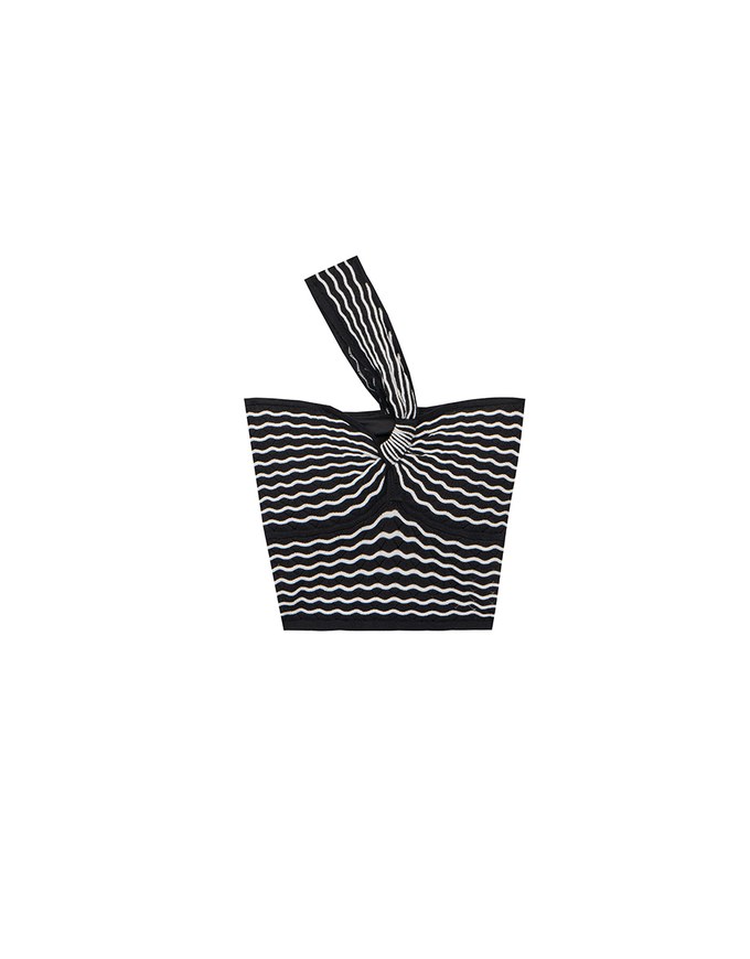 One Shoulder Asymmetrical Wavy Knit Padded Crop Top with Twist Front Detail