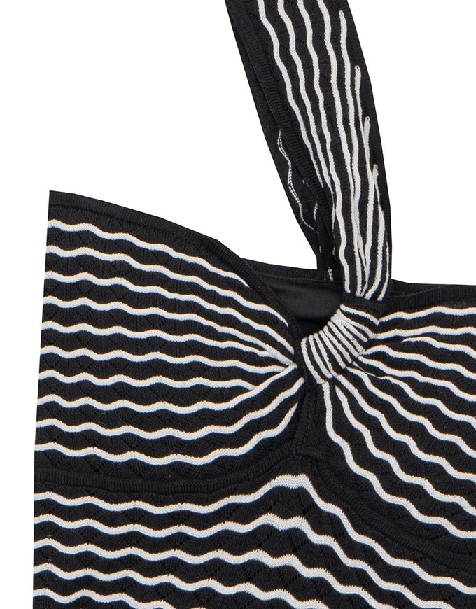 One Shoulder Asymmetrical Wavy Knit Padded Crop Top with Twist Front Detail