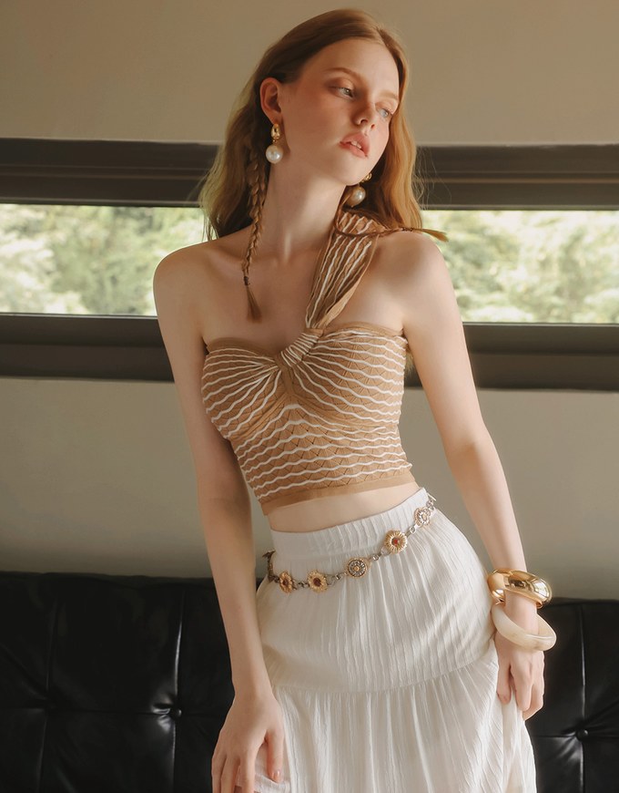One Shoulder Asymmetrical Wavy Knit Padded Crop Top with Twist Front Detail