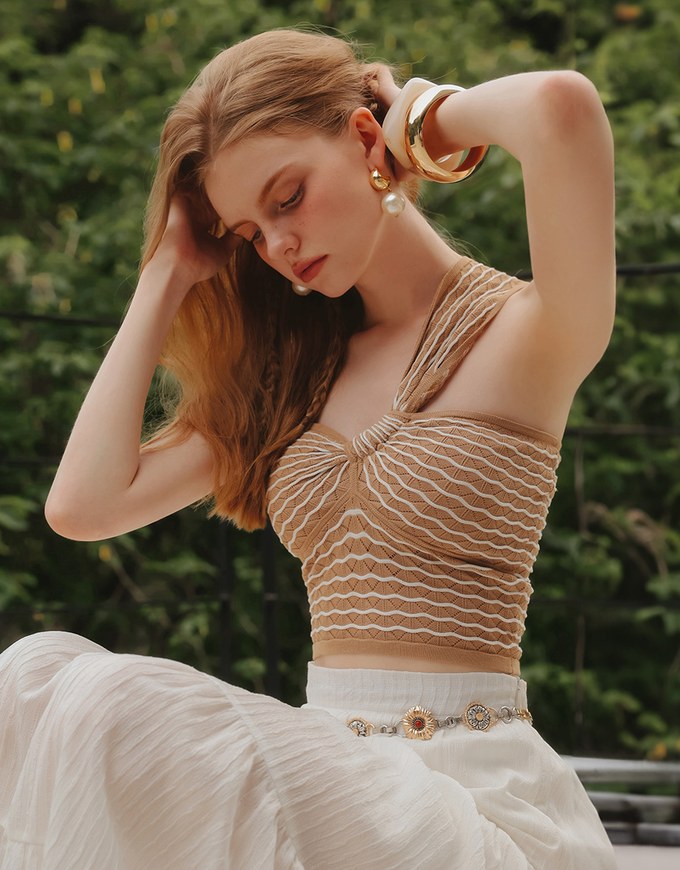 One Shoulder Asymmetrical Wavy Knit Padded Crop Top with Twist Front Detail