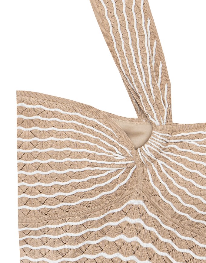 One Shoulder Asymmetrical Wavy Knit Padded Crop Top with Twist Front Detail