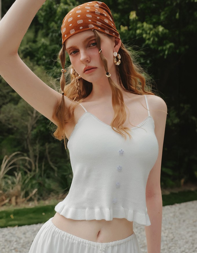 Ruffle Hem Knit Crop Cami Padded Top with Floral Buttons