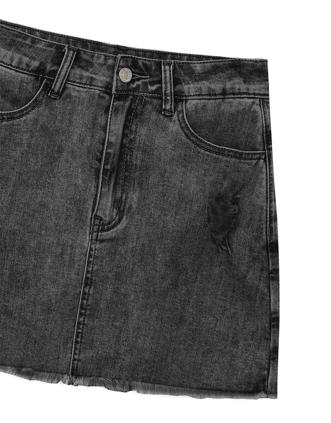 Heart Distressed Jeans Denim Mini Skirt with Raw Edge