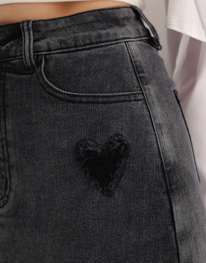 Heart Distressed Jeans Denim Mini Skirt with Raw Edge
