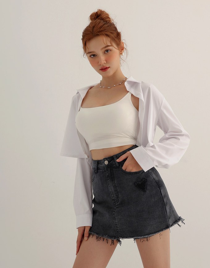 Heart Distressed Jeans Denim Mini Skirt with Raw Edge