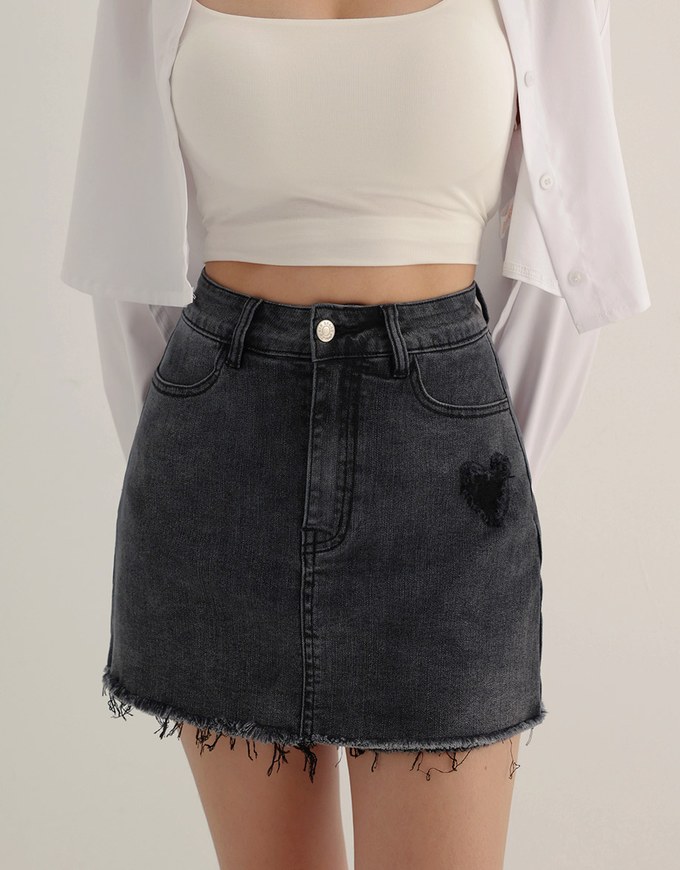 Heart Distressed Jeans Denim Mini Skirt with Raw Edge