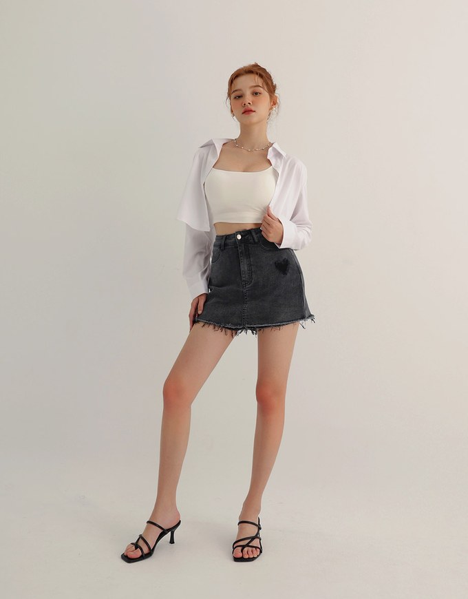 Heart Distressed Jeans Denim Mini Skirt with Raw Edge