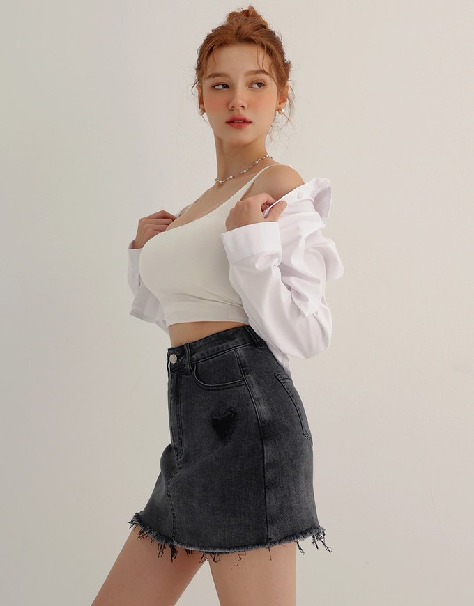 Heart Distressed Jeans Denim Mini Skirt with Raw Edge