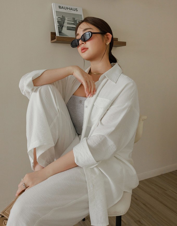 Cooling Fabric Lightweight Oversized Blouse with Pocket Detail