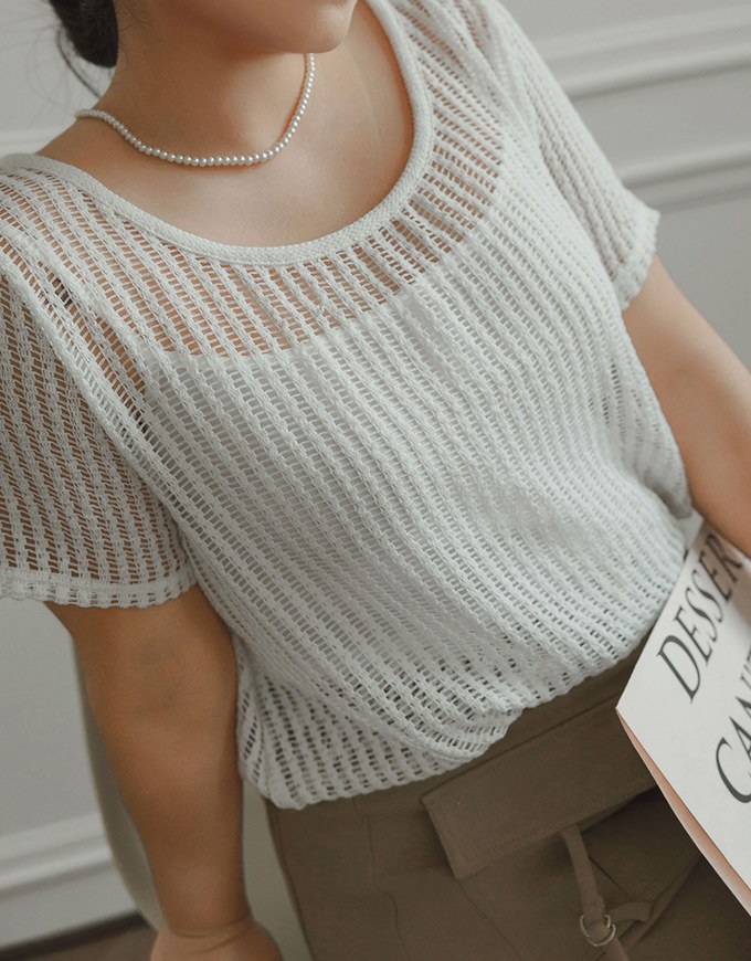 Faux 2 Piece Layered Mesh Short Sleeve Top with Soft Knit Texture
