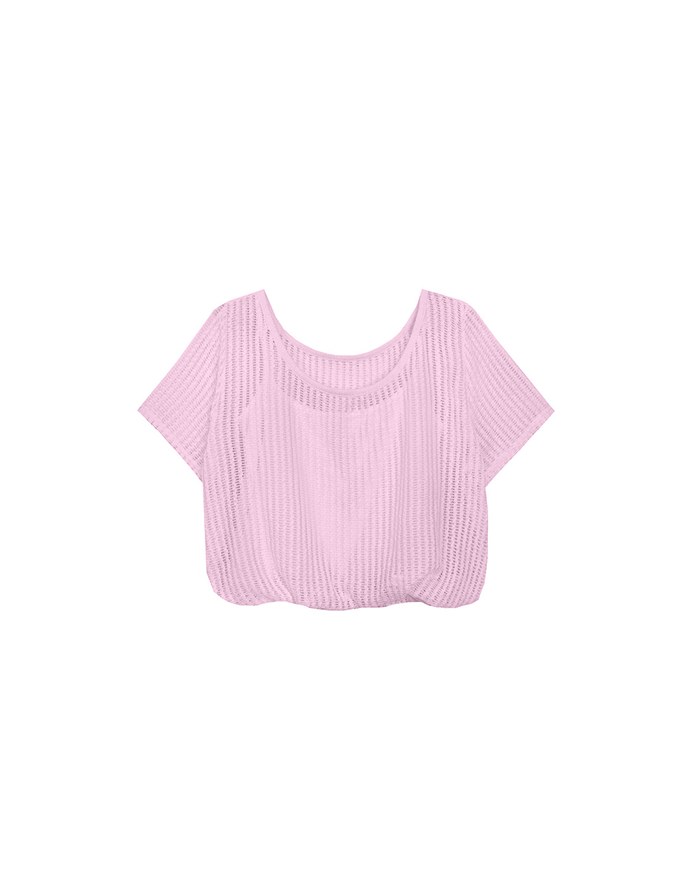 Faux 2 Piece Layered Mesh Short Sleeve Top with Soft Knit Texture