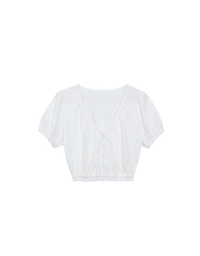 Textured Puff Sleeve V Neck Cropped Top with Ruched Hem