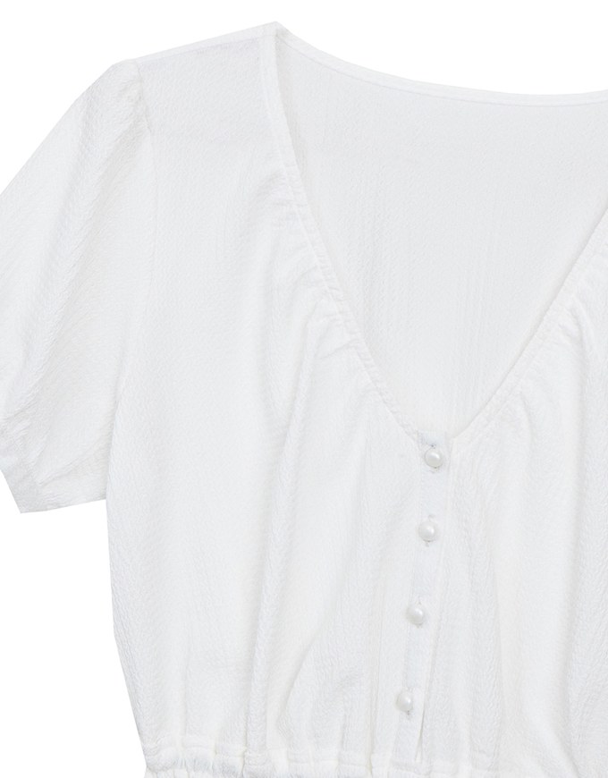 Textured Puff Sleeve V Neck Cropped Top with Ruched Hem