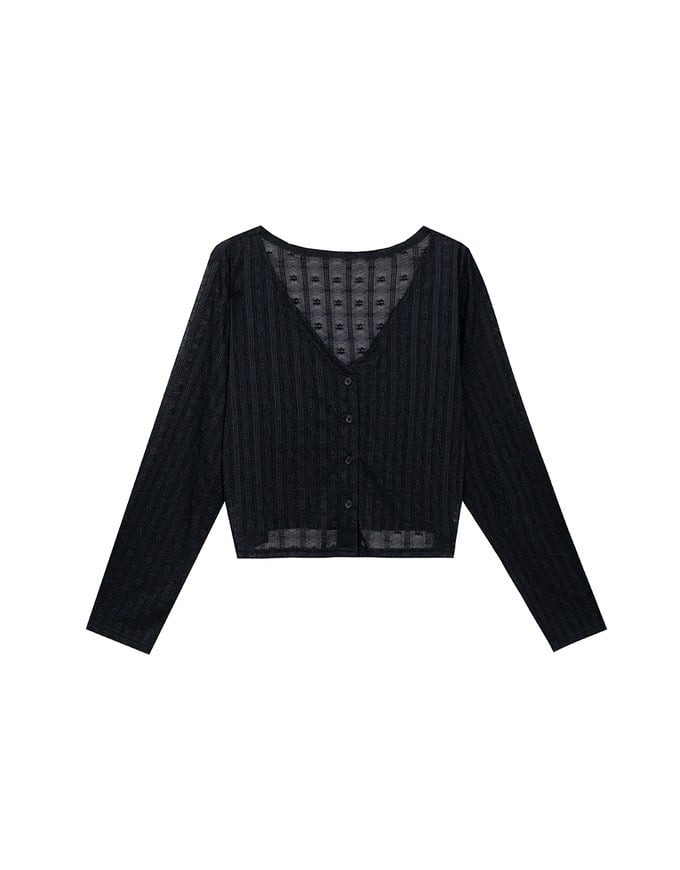 Sheer Daisy Embossed Knit V Neck Cardigan