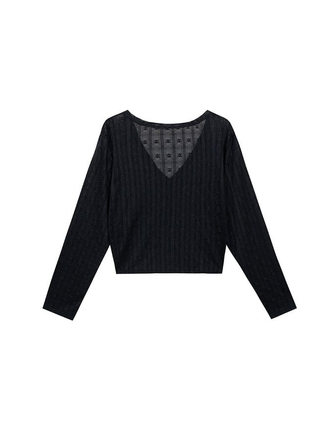 Sheer Daisy Embossed Knit V Neck Cardigan