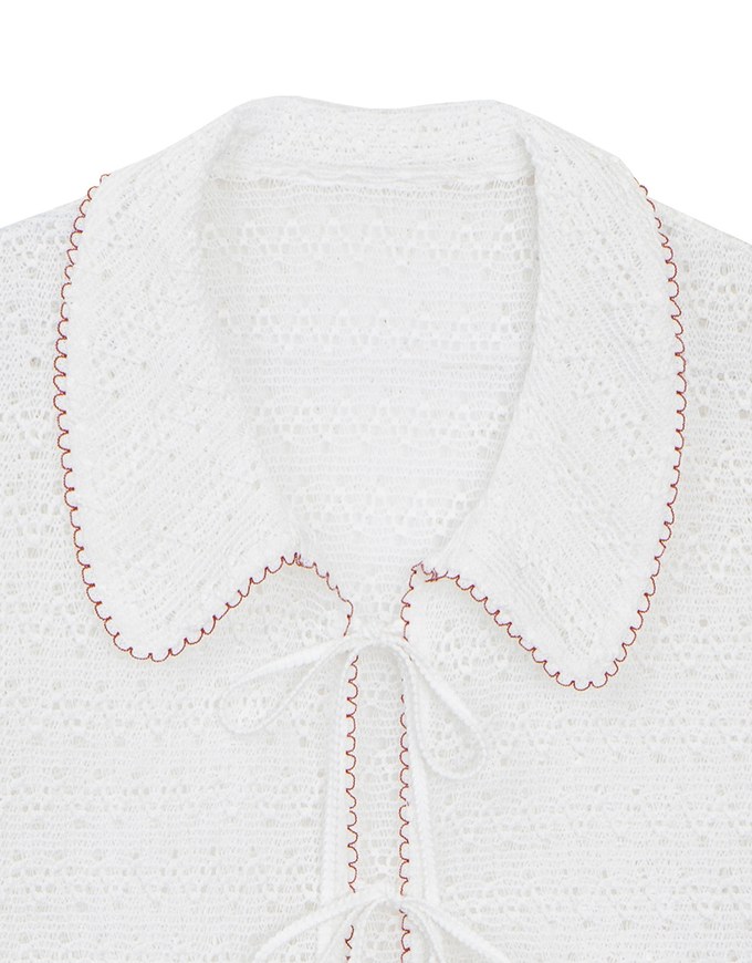 Contrast Trim Crochet Tie Front Collared Top
