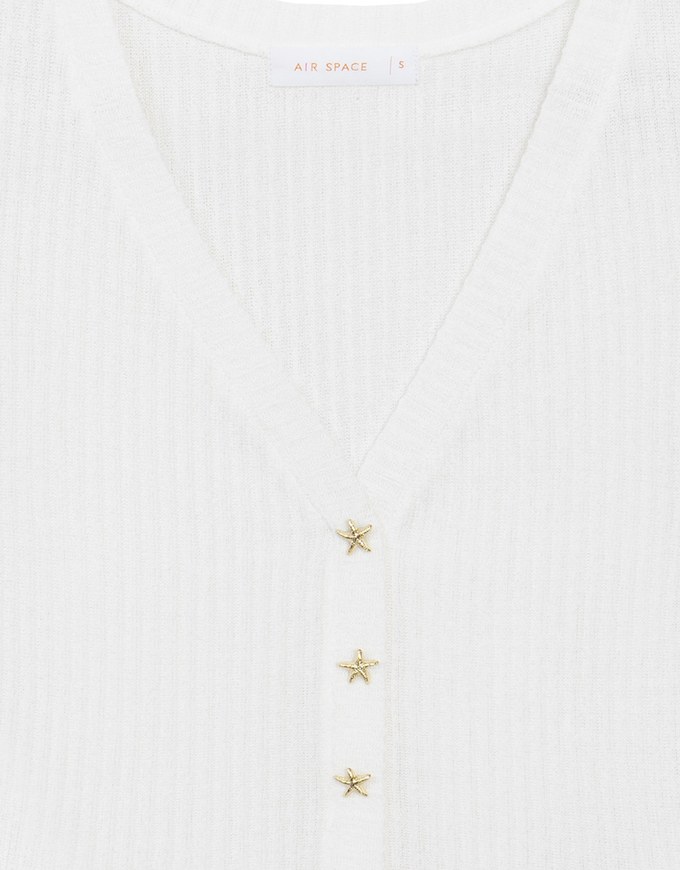 V Neck Starfish Button Ribbed Knit Fitted Top