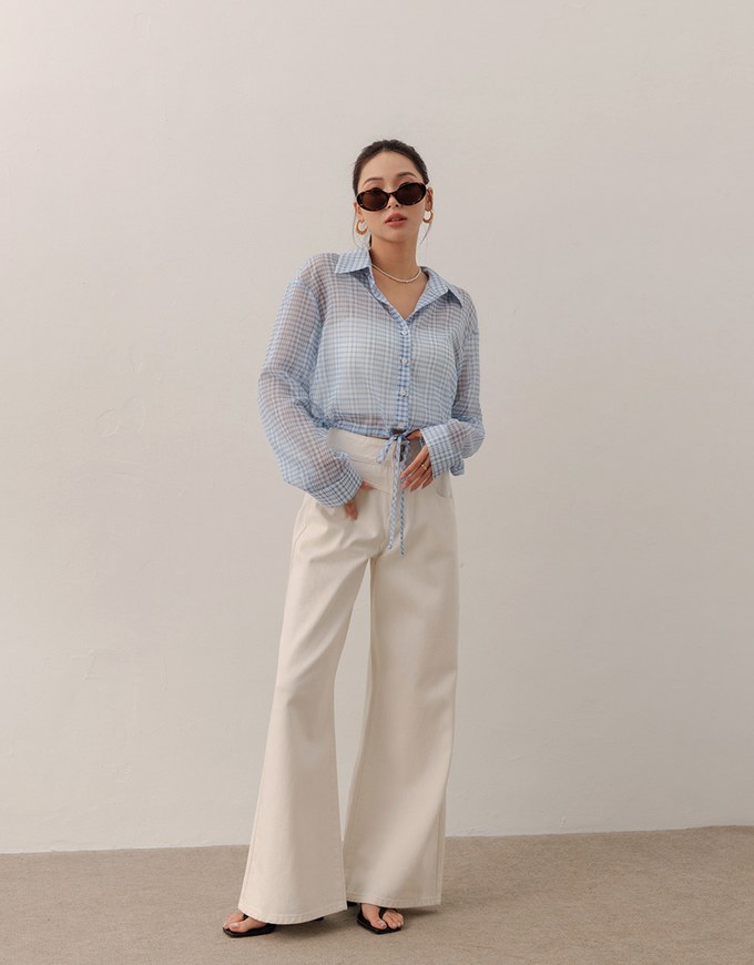 Sheer Gingham Bubble Long Sleeve Blouse with Drawstring Hem