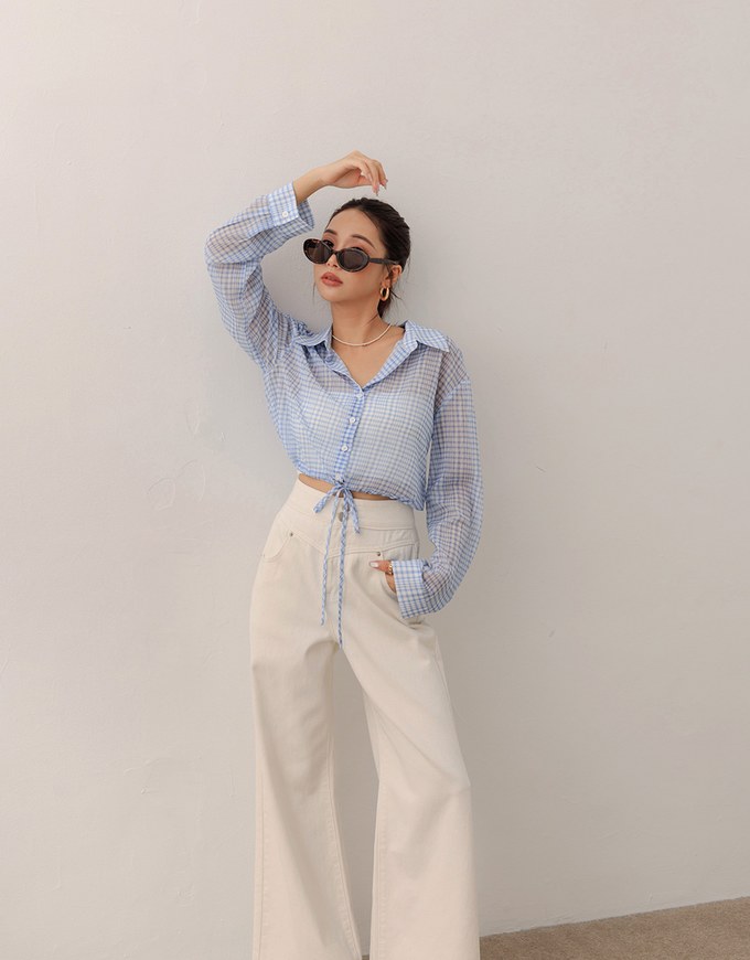 Sheer Gingham Bubble Long Sleeve Blouse with Drawstring Hem