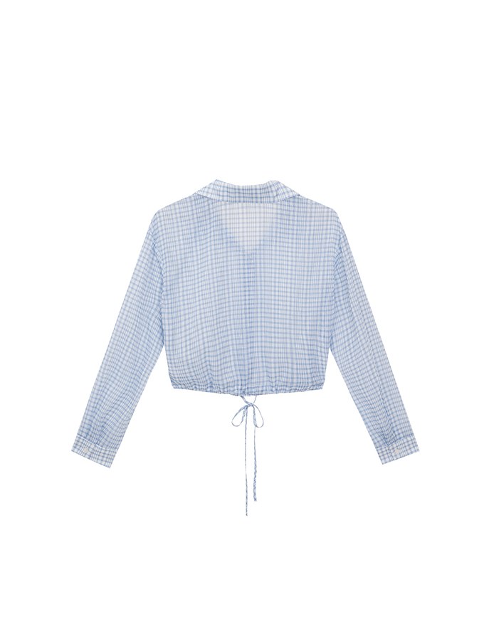 Sheer Gingham Bubble Long Sleeve Blouse with Drawstring Hem