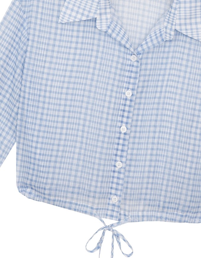 Sheer Gingham Bubble Long Sleeve Blouse with Drawstring Hem